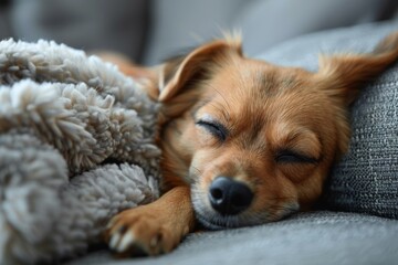 A heartwarming close-up of a peaceful sleeping dog snugly wrapped in a soft blanket on a comfortable sofa