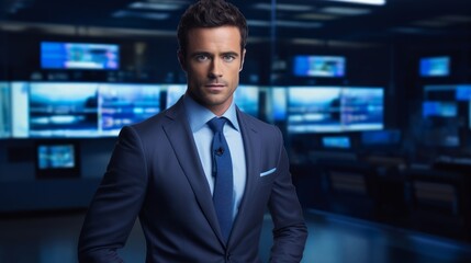 Passionate journalist 30s newsroom screens blue light