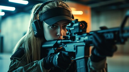 Generative AI image of a young woman with blonde hair in a ponytail wearing headphones and a security guard uniform shooting an assault rifle in an indoor shooting range - obrazy, fototapety, plakaty