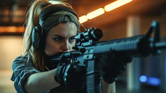 Generative AI image of a young woman with blonde hair in a ponytail wearing headphones and a security guard uniform shooting an assault rifle in an indoor shooting range