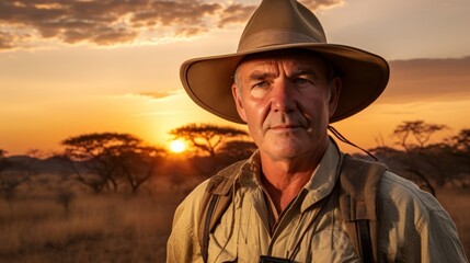 Obraz premium Foreign correspondent safari hat savannah backdrop sunset light