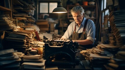 Dedicated journalist types vintage typewriter warm light - obrazy, fototapety, plakaty