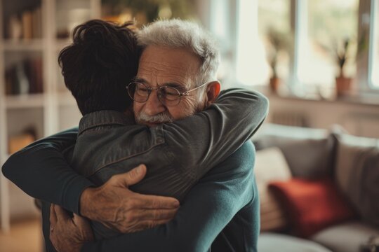 Old Man in a Green Shirt Hugging Another Man. Fictional Character Created By Generated By Generated AI.
