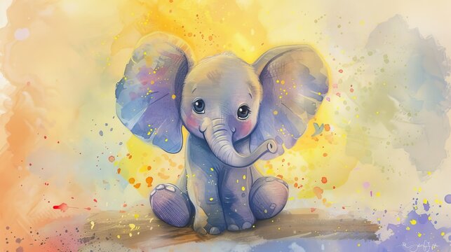 a watercolor painting of a baby elephant sitting on the ground with its trunk in the air and its open big eyes, with yellow and purple spots around its trunk  