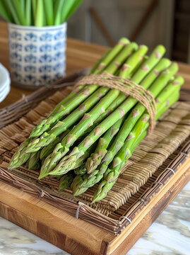 Fresh asparagus on wooden tray