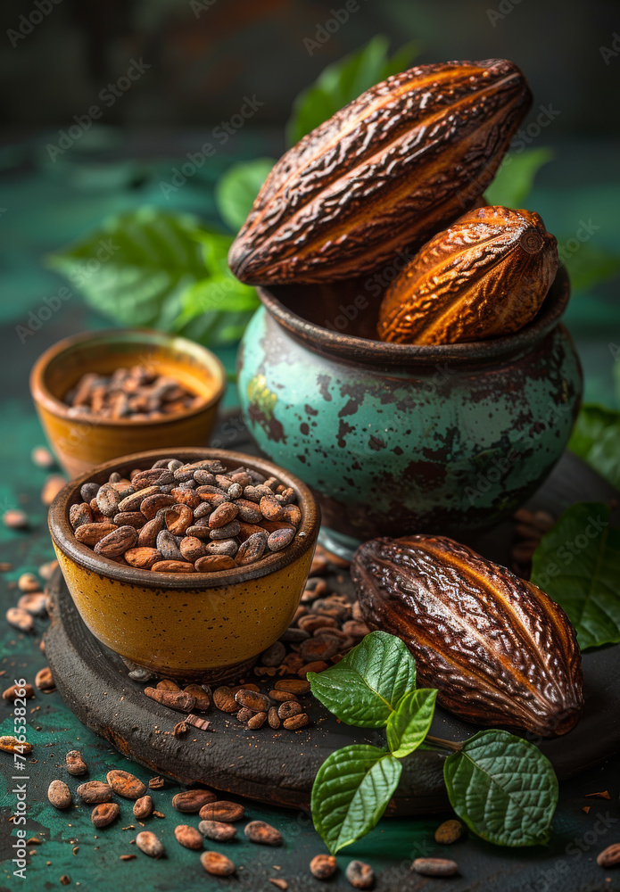 Poster cocoa beans and cocoa pod in bowl on green background