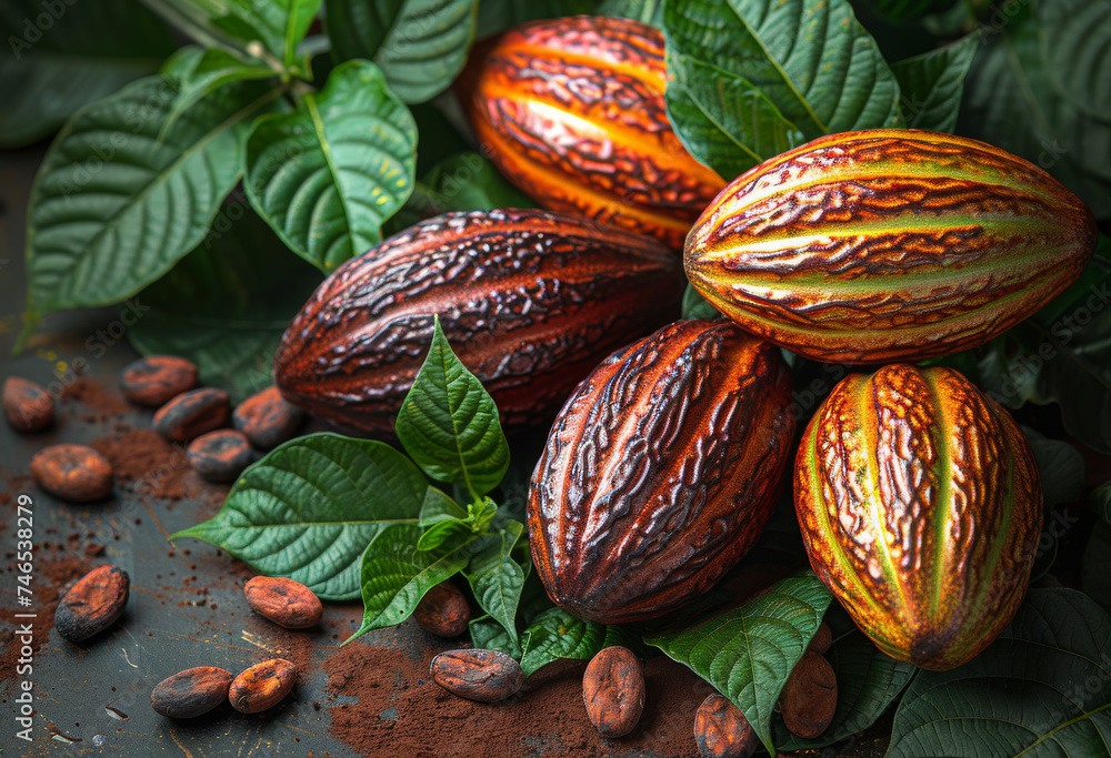 Poster cocoa pods and cocoa beans on wooden background