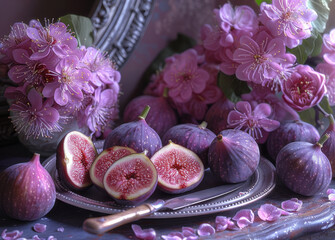 Fresh figs and flowers on silver tray