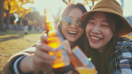 Two Women Enjoying a Cold Beer - Summer Fun. Fictional Character Created By Generated By Generated AI.