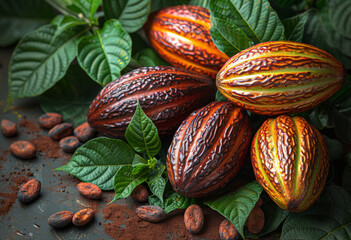 Cocoa pods and cocoa beans on wooden background - obrazy, fototapety, plakaty