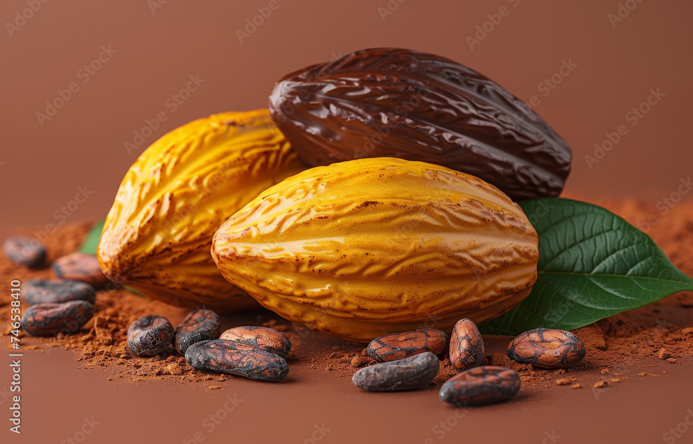 Poster cocoa beans and cocoa fruit with cocoa powder on brown background