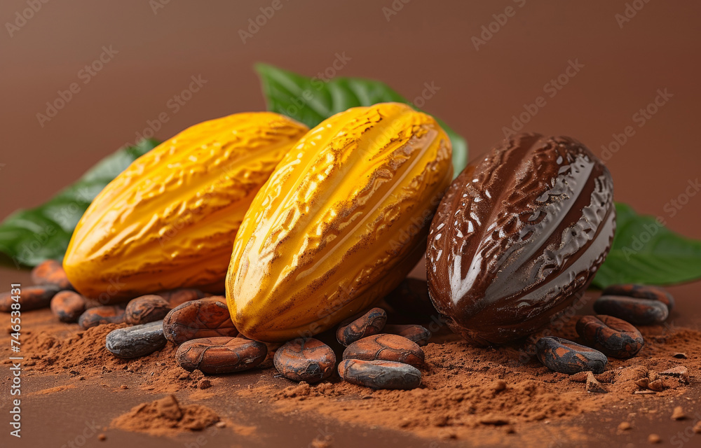 Poster cocoa beans and cocoa pod with cocoa powder and chocolate on brown background