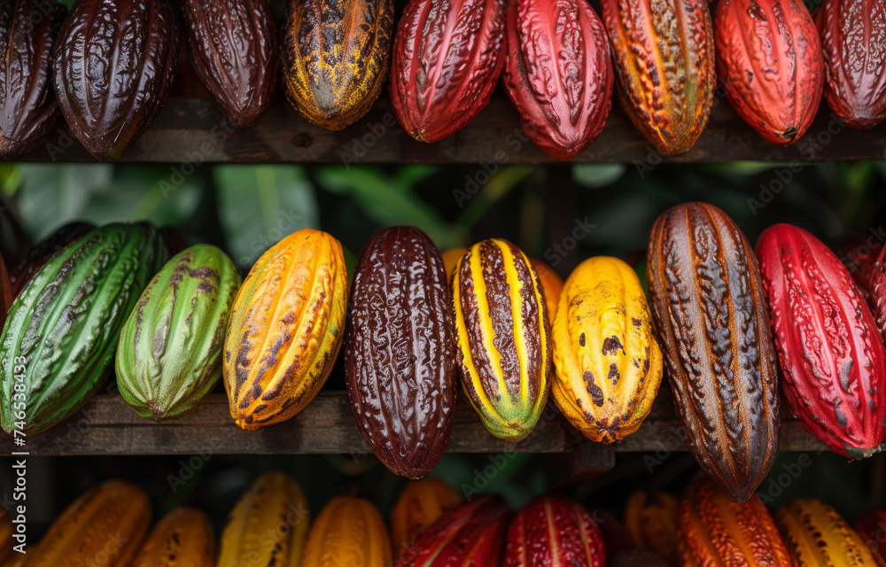 Poster Cocoa fruit cocoa beans and cocoa pod on wooden table