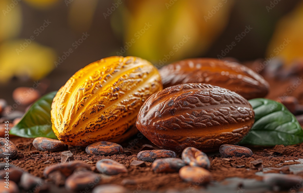 Poster cocoa beans and cocoa pod on brown background