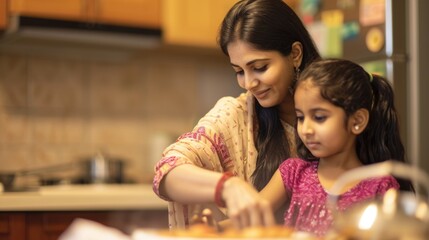 A mother and daughter cooking together in the kitchen. Fictional Character Created By Generated By Generated AI.