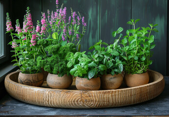 Variety of fresh herbs in pots on wooden tray