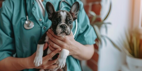 Generative AI, veterinarian doctor is holding in hands cute small puppy dog, vet clinic 
