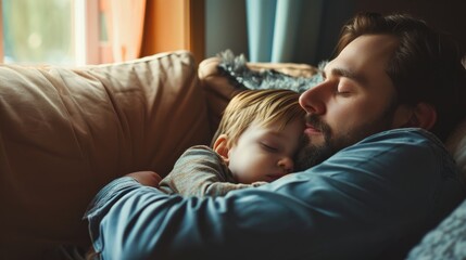 A heartwarming moment of a man hugging a child as they sleep on a couch. Fictional Character Created By Generated By Generated AI.