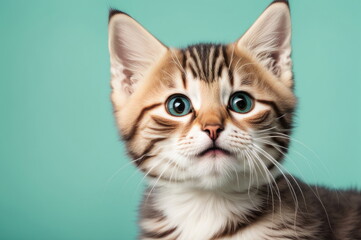 Obraz premium Attentive Striped Kitten with Striking Eyes on a Blue Surface