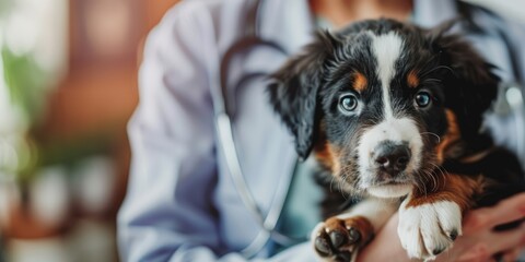 Generative AI, veterinarian doctor is holding in hands cute small puppy dog, vet clinic 