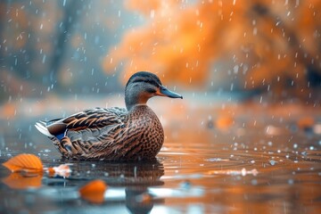 A serene photo of a mallard duck enjoying the rain, surrounded by autumn leaves in a tranquil pond setting