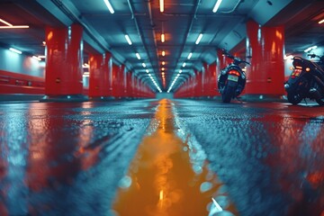 An abstract view from ground level of a red underpass with a perfect symmetry and a motorcycle in the distance