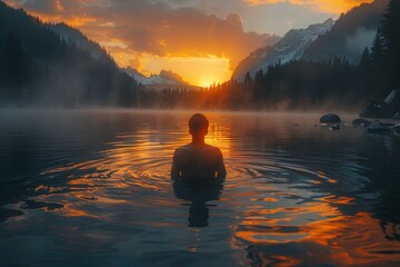 The calm waters and mountain views offer a tranquil moment as a man unwinds in a serene lake at sunset - obrazy, fototapety, plakaty