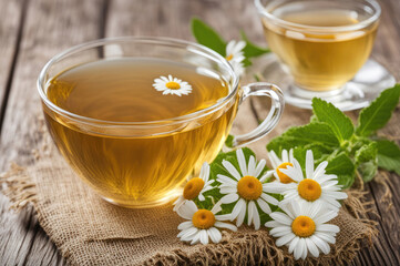 Chamomile Herbal Tea in Glass Cups with Fresh Daisy Flowers