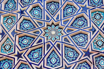 Authentic Uzbek Mosaic Pattern on Ceramic Tile Wall of the Museum.