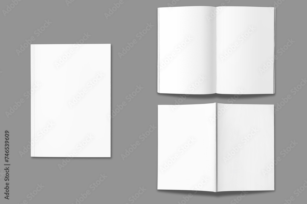 Poster empty blank glossy magazine open and closed mockup isolated. 3d rendering. ready for cover and sprea