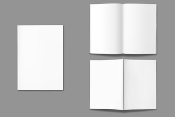 Empty blank glossy magazine open and closed mockup isolated. 3d rendering. ready for cover and spread of the magazine design. Front and back cover, inside pages design.