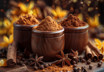 Ground cinnamon in wooden bowls and spoons with anise stars and cinnamon sticks on wooden background