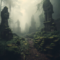 Ancient ruins with moss-covered stones in a mystical forest.