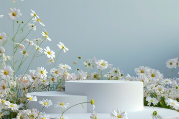 Modern White Product Display Podium Surrounded by Daisies.
