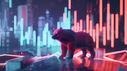 Business graph and bear. 3d rendering toned image double exposure