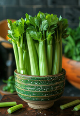 Fresh celery in bowl on wooden table