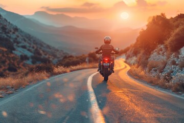 Adventurous motorcyclist enjoying a ride on a scenic winding road during a beautiful golden sunset with mountains in the background