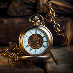 Antique pocket watch against a rustic background. 