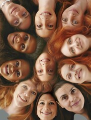 Fototapeta premium Group of female friends from diverse origins in circle, fun illustration of middle-aged women smiling happily, strong, confident, successful ladies looking blissful, radiant and happy to be together