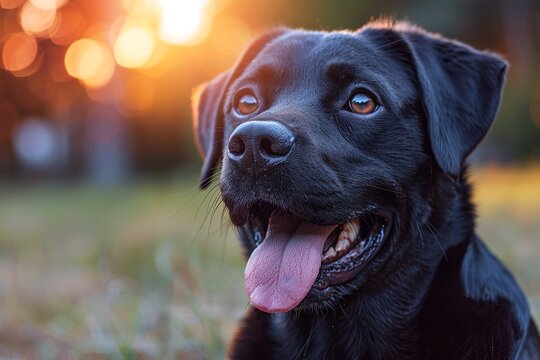 This heartwarming image captures a black dog's detailed expression against the golden hour backdrop, highlighting its loyalty and companionship