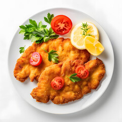 Homemade Breaded German Weiner Schnitzel top view isolated on white background