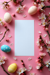 Naklejka na ściany i meble White empty blank rectangular paper on a pastel pink textured background with cherry blossoms and stylish Easter eggs all around. Creative Easter mockup design. Top view.