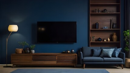 Cozy Living Room with Dark Blue Wall at Night: TV on Wooden Cabinet