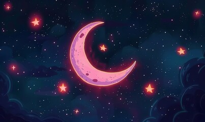 Naklejka premium Crescent moon with stars on dark background.