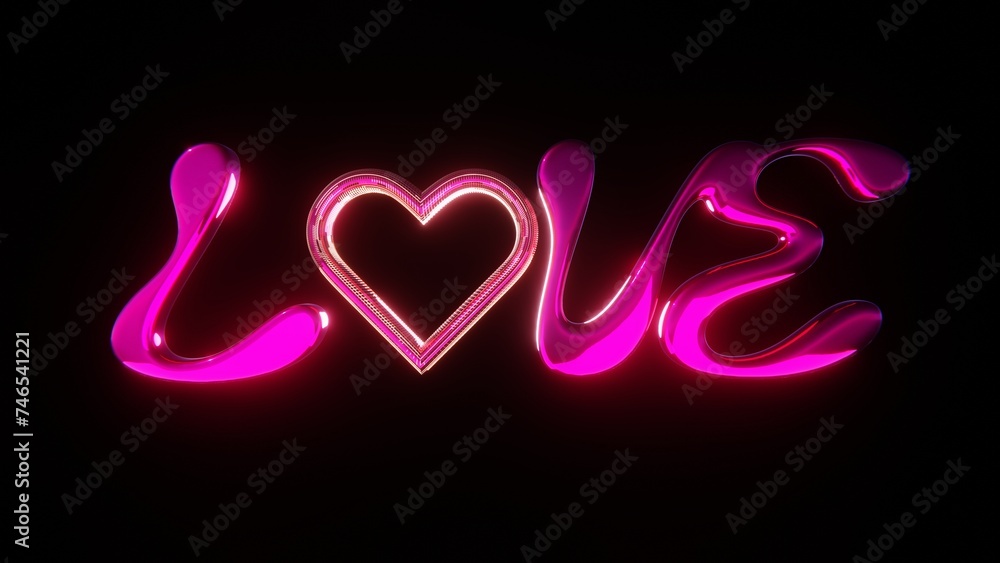 Poster abstract 3d groovy retro colours gradient love text signage neon glowing heart disco ball metallic m