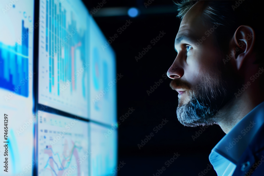 Aufkleber a focused male analyst evaluates complex data across multiple computer screens, indicating thorough 