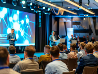 Speaker presenting at a business conference with an audience of professionals and a digital screen.