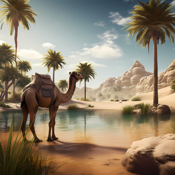 Desert oasis with a lone camel and palm trees.