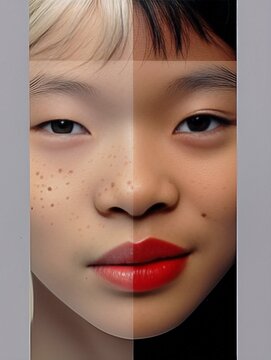 Close up composite, amazing portrait of a woman made of several different origins, diverse ethnicity, asian girl with freckles, lipstick, single lid, double lid, different skin, eyes and hair colors