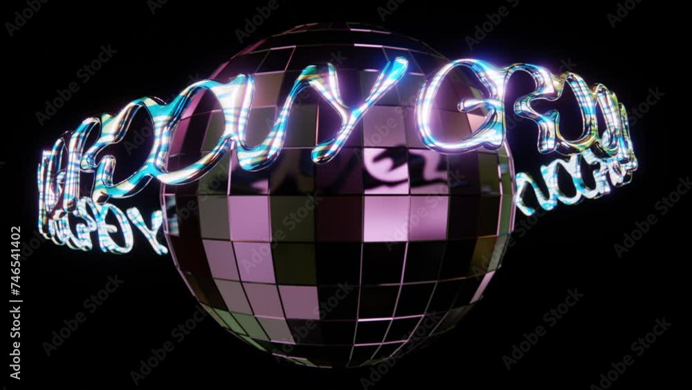 Poster abstract 3d groovy text signage turning around disco ball wavy metallic glowing sparkle retro textur